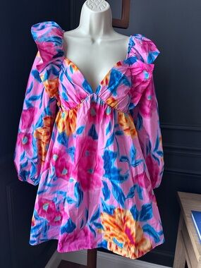 PEACH LOVE Vibrant Pink Floral Puff-Balon Sleeve Mini Dress 100% Cotton S